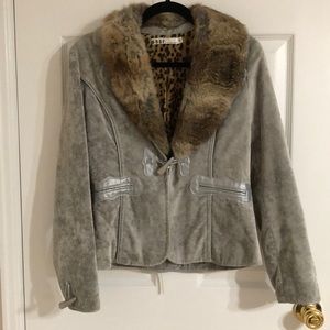 Gray Blazer with Detachable Real Fur Collar